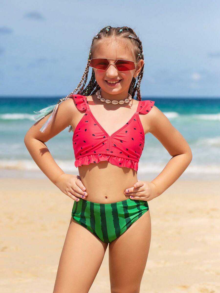 SHEIN Tween Girl Watermelon Print Ruffle Trim Bikini Set Summer Beach - Multicolor - View 1
