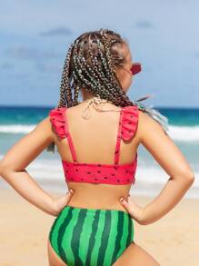 SHEIN Tween Girl Watermelon Print Ruffle Trim Bikini Set Summer Beach - Multicolor - View 2