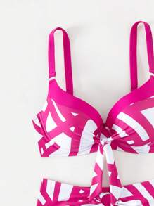 幾何印花前打結聚攏比基尼泳裝 - 彩色 - 查看 4