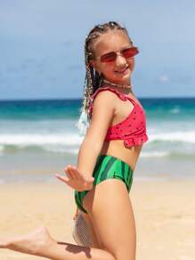 SHEIN Tween Girl Watermelon Print Ruffle Trim Bikini Set Summer Beach - Multicolor - View 3