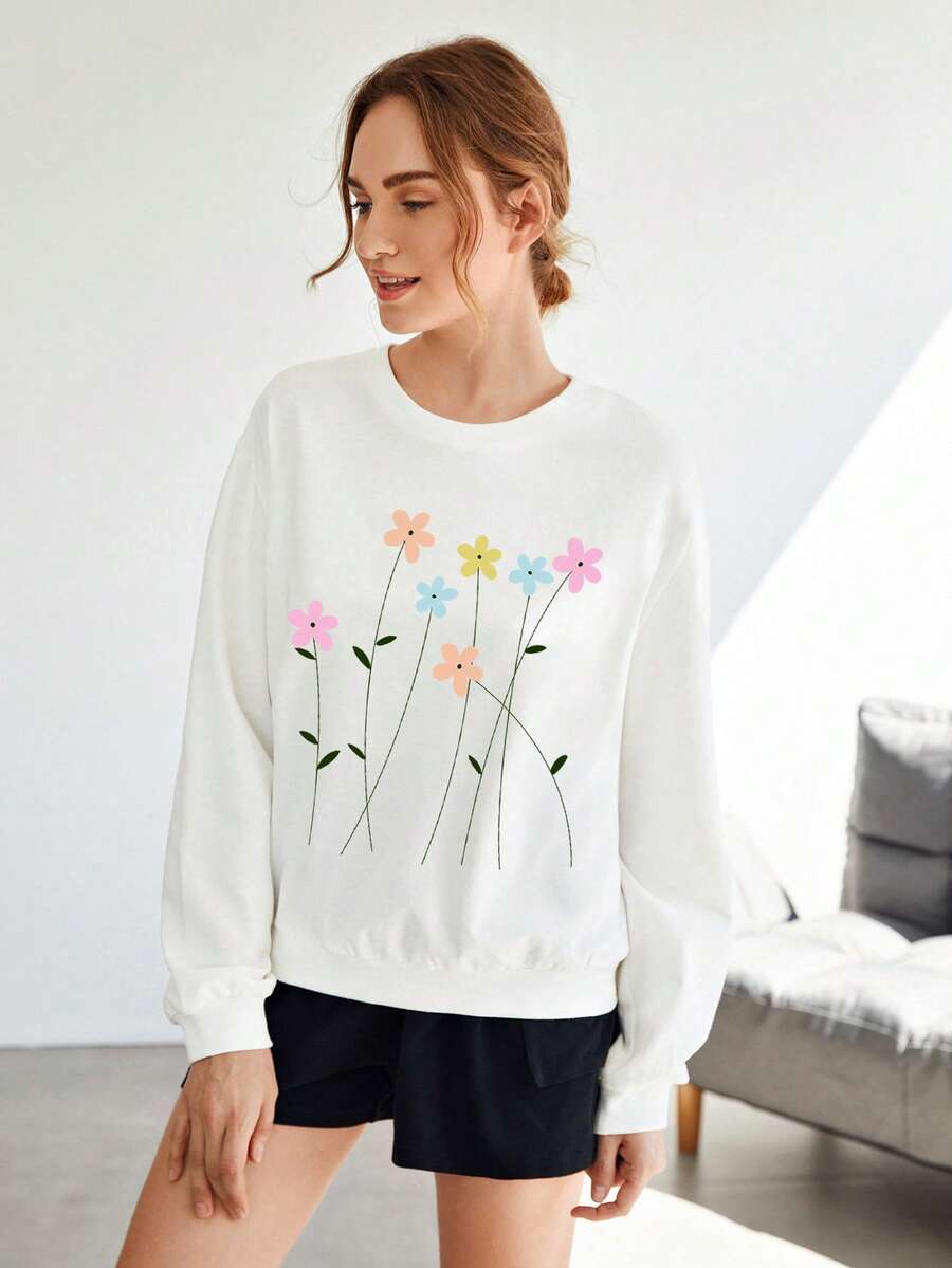 SHEIN Essnce Floral Print Drop Shoulder Pullover - White - View 1