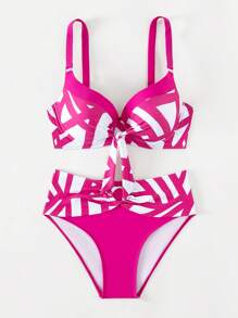 幾何印花前打結聚攏比基尼泳裝 - 彩色 - 查看 5