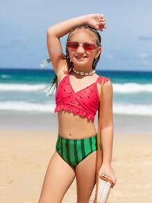 SHEIN Tween Girl Watermelon Print Ruffle Trim Bikini Set Summer Beach - Multicolor - View 4