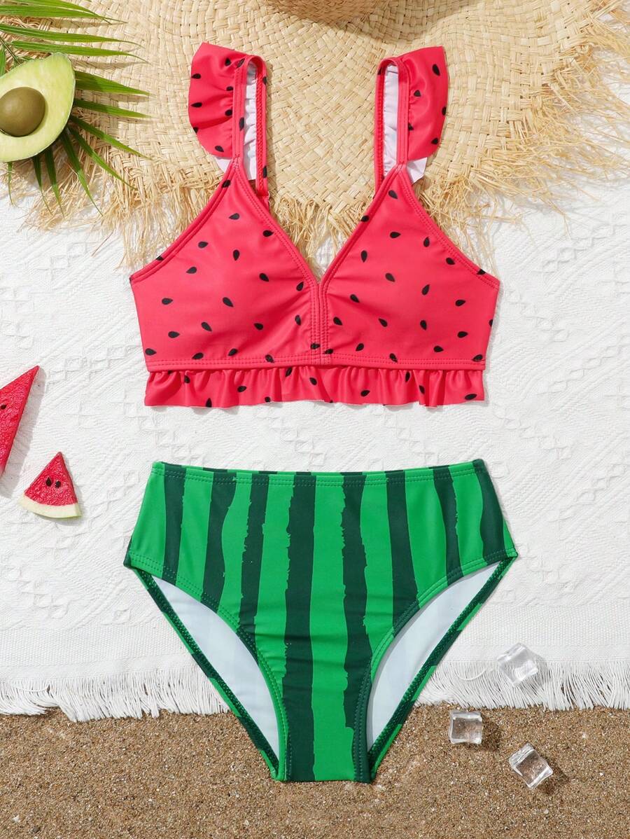 SHEIN 青少年女孩西瓜印花荷叶边比基尼套装夏季海滩 - 彩色 - 查看 1