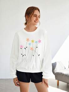 SHEIN Essnce Floral Print Drop Shoulder Pullover - White - View 5