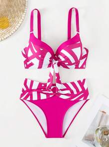 幾何印花前打結聚攏比基尼泳裝 - 彩色 - 查看 7