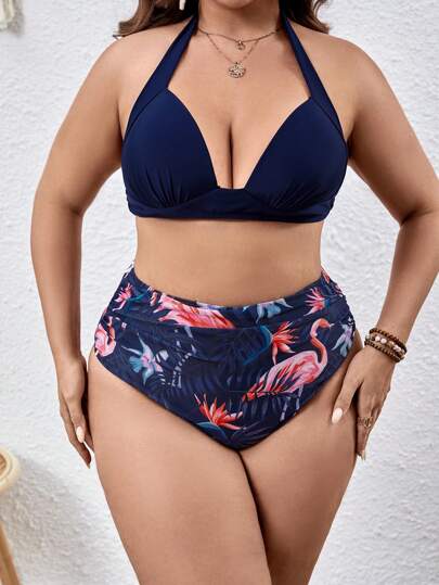 SHEIN Swim Curve 大尺碼熱帶印花露背比基尼套裝，夏季海灘必備