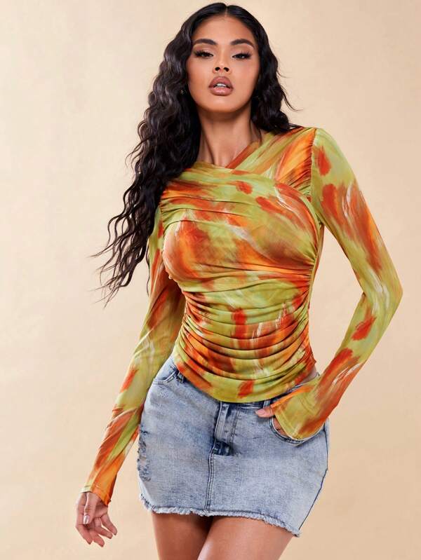 SHEIN BAE Camiseta de tie dye fruncido lateral