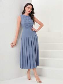 Modelyn Solid Pleated Hem Dress - Dusty Blue - View 1