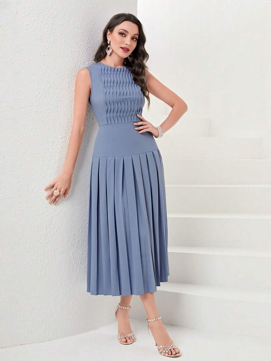 Modelyn Solid Pleated Hem Dress - Dusty Blue - View 1
