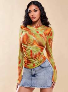 SHEIN BAE Tie Dye Ruched Side Tee - Multicolor - View 5