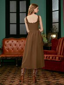 SHEIN MOD 素色胸部褶皺連衣裙 - 棕色 - 查看 2