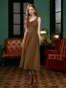 SHEIN MOD 素色胸部褶皺連衣裙 - 棕色 - 查看 3