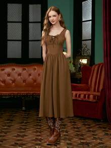 SHEIN MOD 素色胸部褶皺連衣裙 - 棕色 - 查看 4