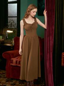 SHEIN MOD 素色胸部褶皺連衣裙 - 棕色 - 查看 5