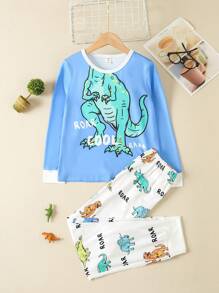 Young Boy Dinosaur & Letter Graphic PJ Set - Blue - View 1