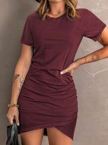SHEIN LUNE Solid Ruched Tulip Hem Dress Burgundy Color Women Outfit - Burgundy - View 3