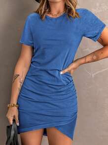 SHEIN LUNE Solid Ruched Tulip Hem Fitted Dress - Baby Blue - View 1