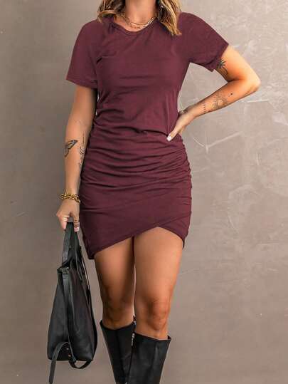 SHEIN LUNE Solid Ruched Tulip Hem Dress Burgundy Color Women Outfit