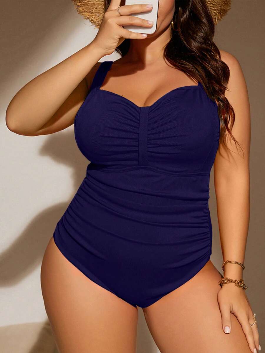 SHEIN Swim Curve Summer Beach Plus Ruched Bust One Piece Swimsuit - Navy Blue - View 1