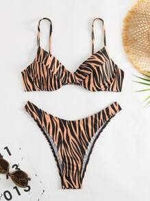 SHEIN Swim 斑馬紋帶鋼圈比基尼泳裝