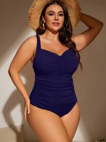 SHEIN Swim Curve Summer Beach Plus Ruched Bust One Piece Swimsuit - Navy Blue - View 3