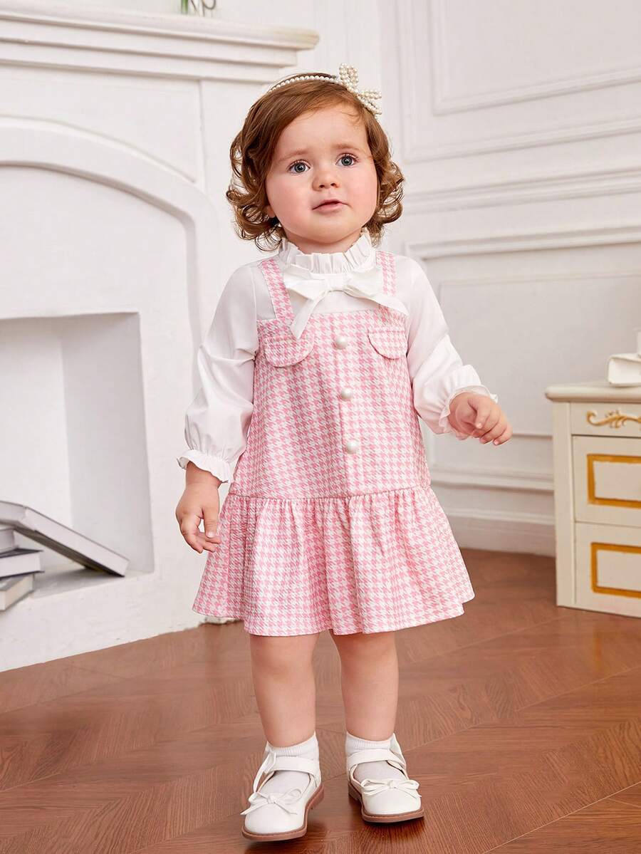 SHEIN Baby Girl Houndstooth Print Flap Detail Ruffle Hem 2 In 1 Dress - Multicolor - View 1