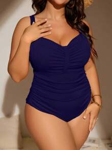 SHEIN Swim Curve Summer Beach Plus Ruched Bust One Piece Swimsuit - Navy Blue - View 4