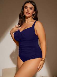 SHEIN Swim Curve Summer Beach Plus Ruched Bust One Piece Swimsuit - Navy Blue - View 5