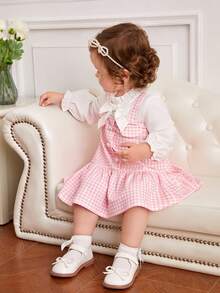 SHEIN Baby Girl Houndstooth Print Flap Detail Ruffle Hem 2 In 1 Dress - Multicolor - View 3