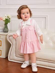 SHEIN Baby Girl Houndstooth Print Flap Detail Ruffle Hem 2 In 1 Dress - Multicolor - View 4