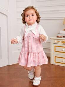 SHEIN Baby Girl Houndstooth Print Flap Detail Ruffle Hem 2 In 1 Dress - Multicolor - View 6