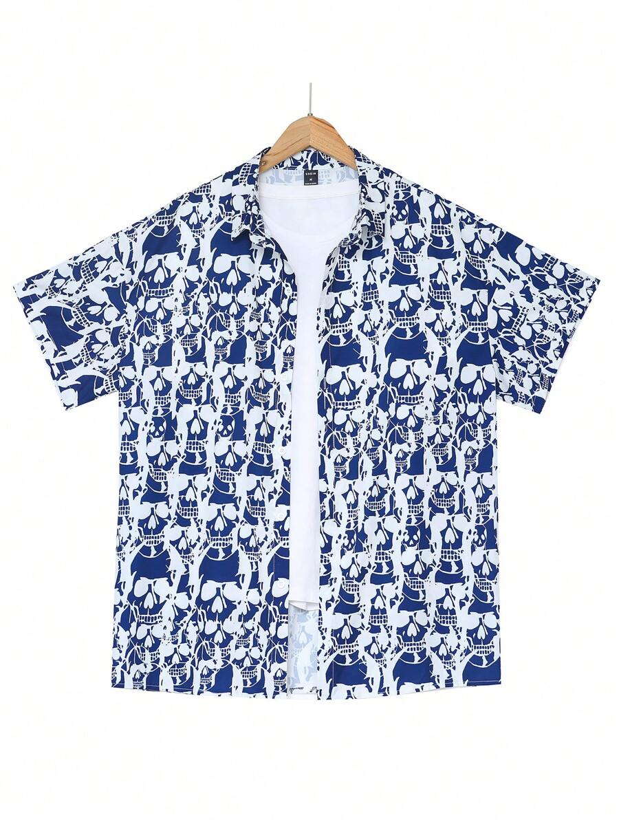 Manfinity Homme Nam Siêu-lỏng Tất cả In Áo sơ mi ( Không có Áo thun ) - Xanh và trắng - Xem 1