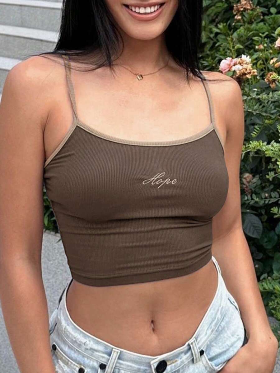 DAZY Thêu Chữ Tương phản ràng buộc Cami ngọn - Cà phê nâu - Xem 1