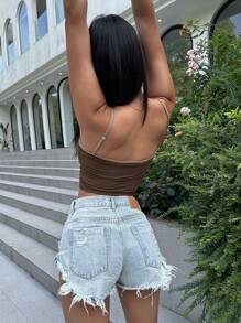 DAZY Thêu Chữ Tương phản ràng buộc Cami ngọn - Cà phê nâu - Xem 2