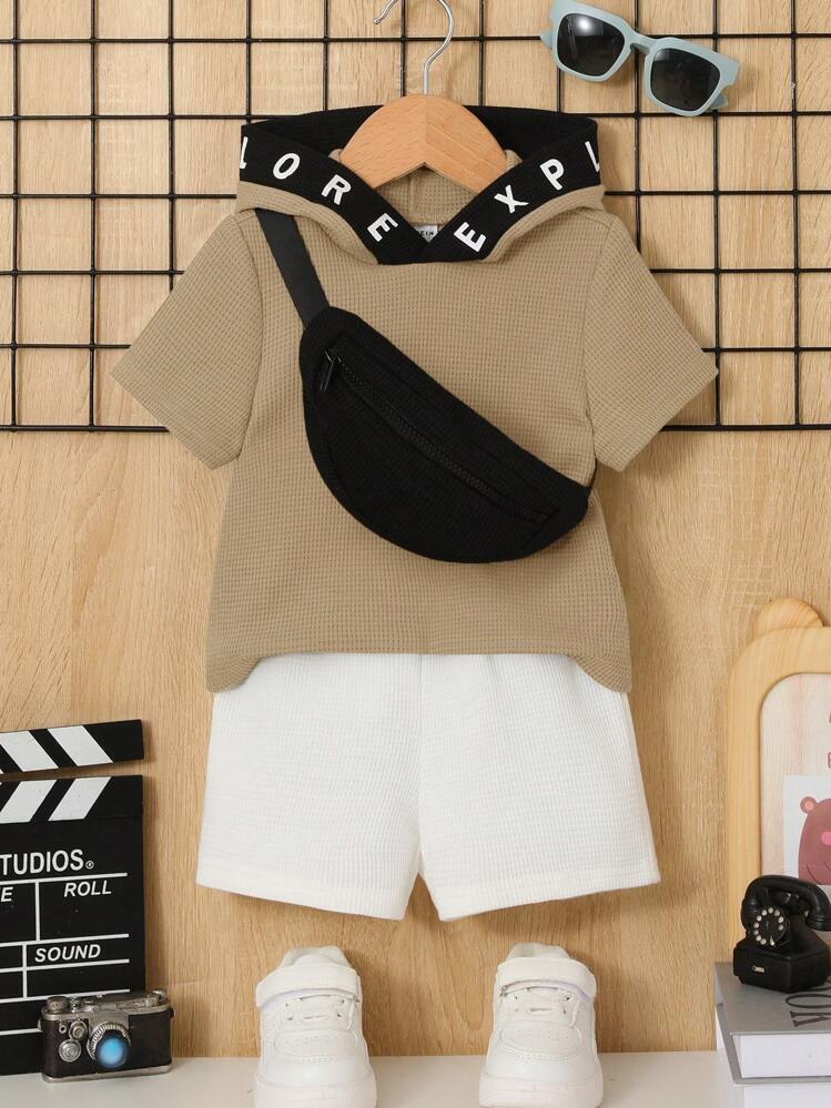 Đứa bé trai Đồ họa Chữ cái áo có mũ Áo thun & quần đùi & Cái túi - Màu Khaki - Xem 1