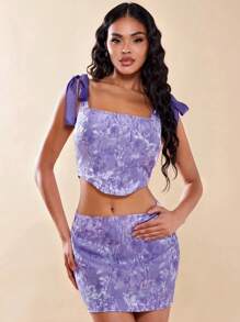 SHEIN BAE 印花肩上打結寬肩帶上衣&包臀半身裙 - 紫羅蘭色 - 查看 1