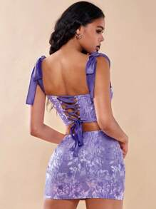 SHEIN BAE 印花肩上打結寬肩帶上衣&包臀半身裙 - 紫羅蘭色 - 查看 2