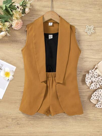 SHEIN 女小童素色吊帶背心和短褲和外套馬甲