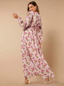 SHEIN Belle 印花繫帶領燈籠袖連衣裙 - 彩色 - 查看 4