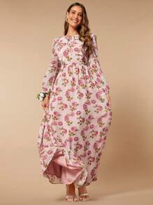 SHEIN Belle 印花繫帶領燈籠袖連衣裙 - 彩色 - 查看 5