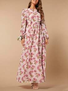 SHEIN Belle 印花繫帶領燈籠袖連衣裙 - 彩色 - 查看 2