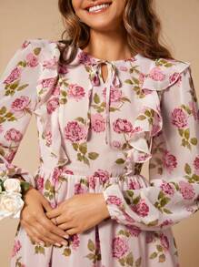 SHEIN Belle 印花繫帶領燈籠袖連衣裙 - 彩色 - 查看 6