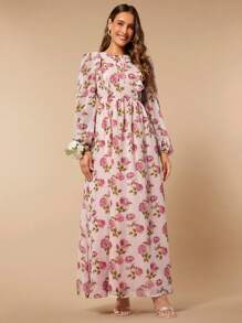 SHEIN Belle 印花繫帶領燈籠袖連衣裙 - 彩色 - 查看 1