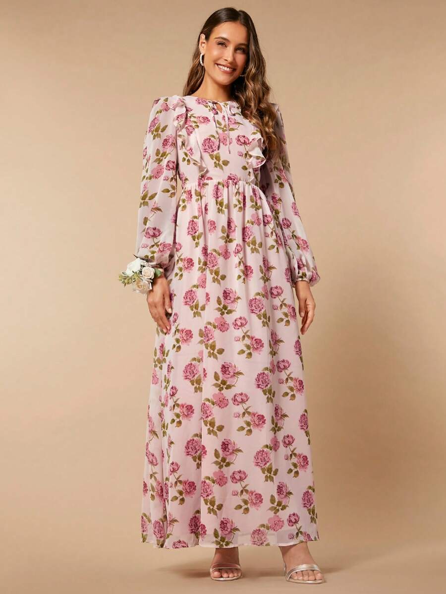 SHEIN Belle 印花繫帶領燈籠袖連衣裙 - 彩色 - 查看 1