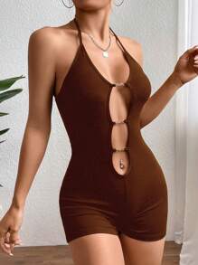 Zolique 鏈條細節鏤空後背繫帶吊脖彈力緊身連體短褲 - 咖啡棕 - 查看 1