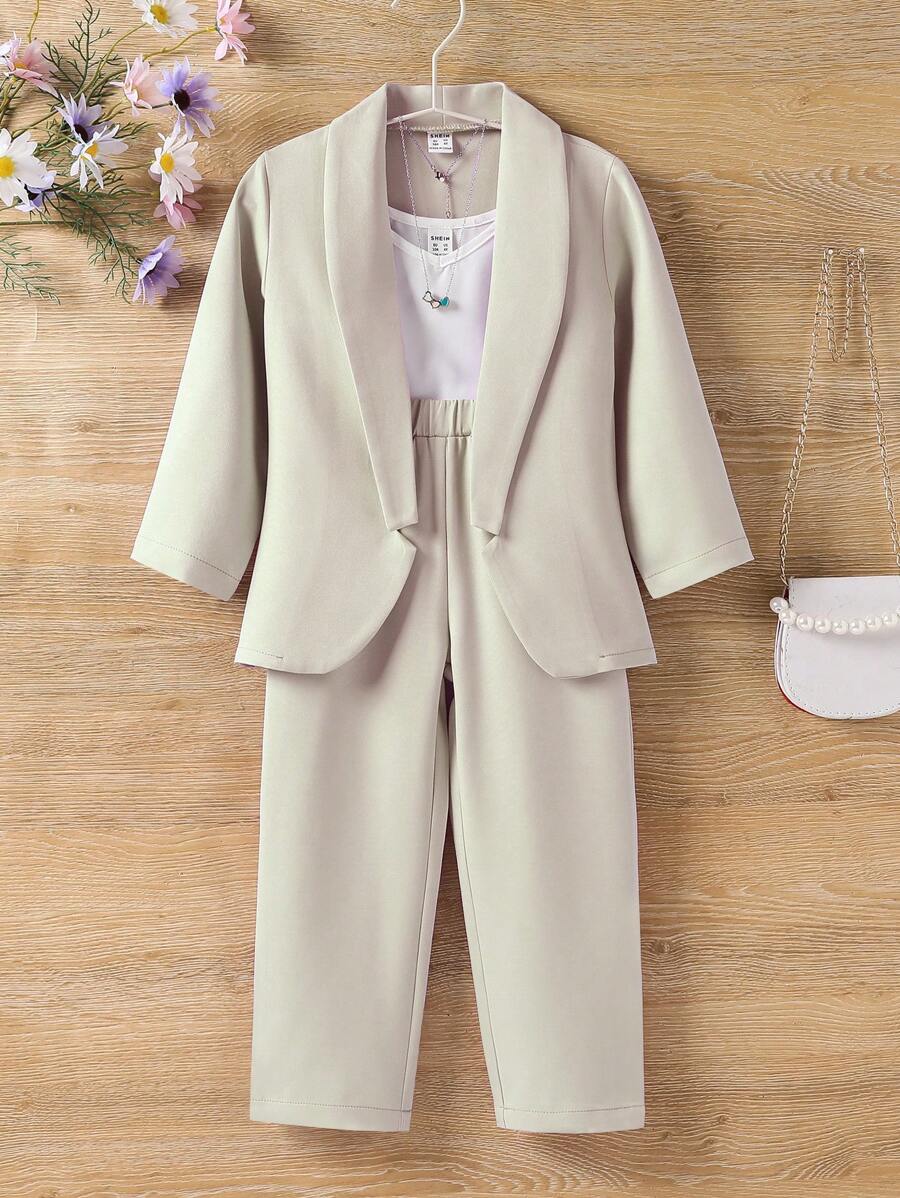 SHEIN Young Girl Solid Cami Top & Shawl Collar Coat & Pants - Khaki - View 1