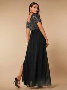 SHEIN Belle Contrast Sequin Split Thigh Chiffon Dress - Black - View 5