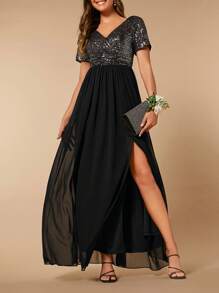 SHEIN Belle Contrast Sequin Split Thigh Chiffon Dress - Black - View 1