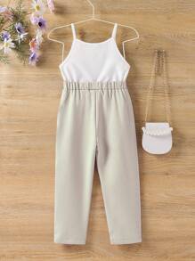 SHEIN Young Girl Solid Cami Top & Shawl Collar Coat & Pants - Khaki - View 3